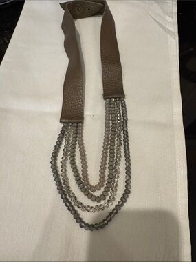 Layered Beaded Necklace with Gray Leather Strap